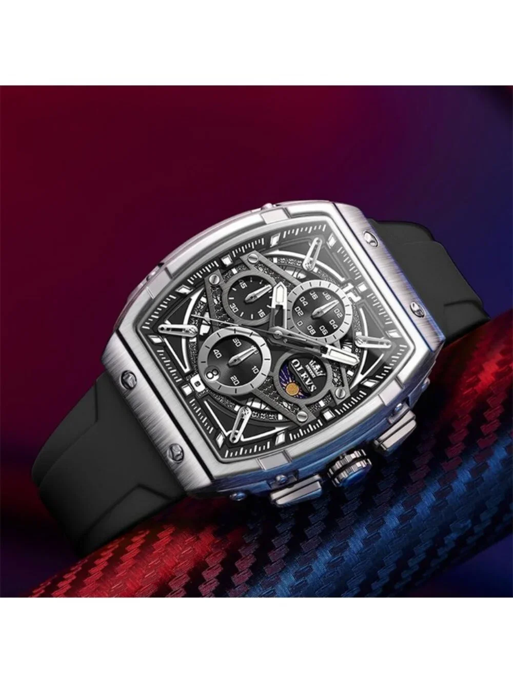 Men's Silver Black Chronograph Big Square Analog Silicone Strap Waterproof Watch